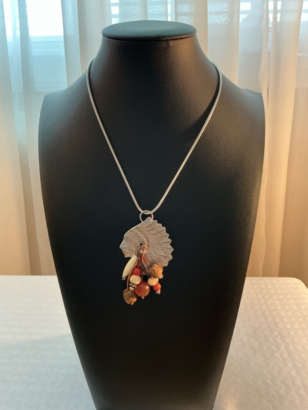 Native American Indian Silver Tone Pendant Necklace